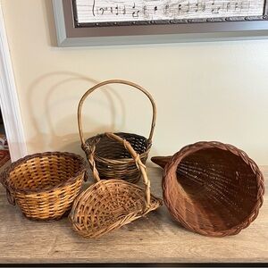 Lot of 4 Vintage Woven Wicker Baskets Cornucopia Decor Imperfections Rustic Farm